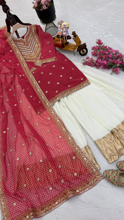 Glossy Red Color Faux Georgette And Embroidery Codding Sequence With Print Work Sharara Suit