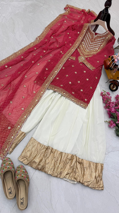 Glossy Red Color Faux Georgette And Embroidery Codding Sequence With Print Work Sharara Suit