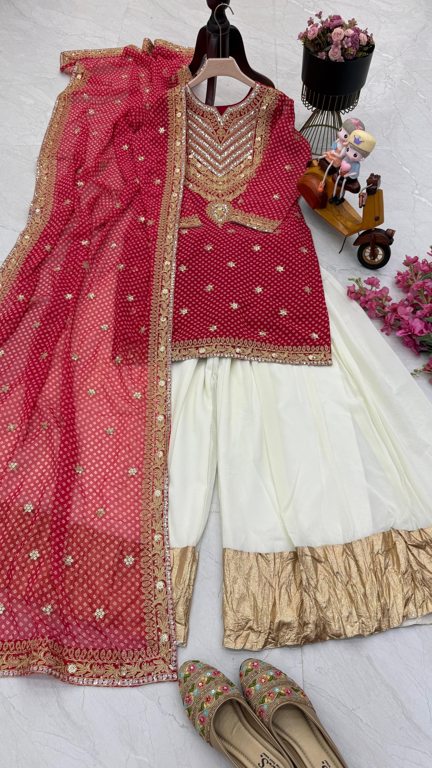 Glossy Red Color Faux Georgette And Embroidery Codding Sequence With Print Work Sharara Suit