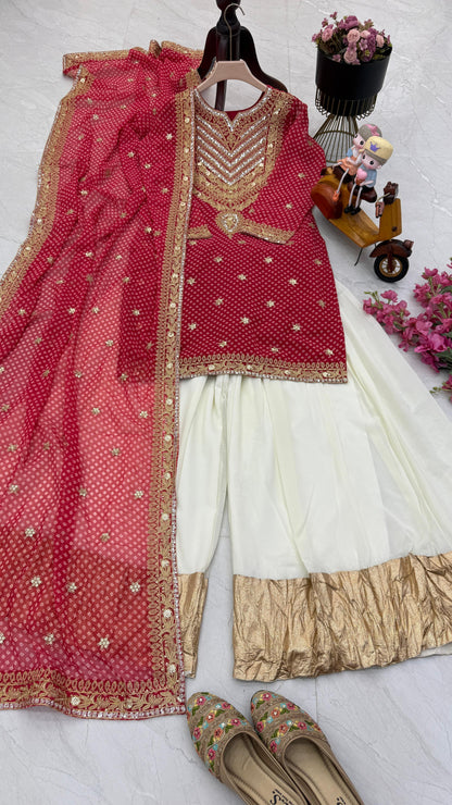 Glossy Red Color Faux Georgette And Embroidery Codding Sequence With Print Work Sharara Suit