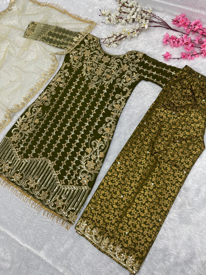 Party Wear Mahendi Green Color Heavy Faux Georgette With Embroidery Sequences Work Designer Palazzo Suit