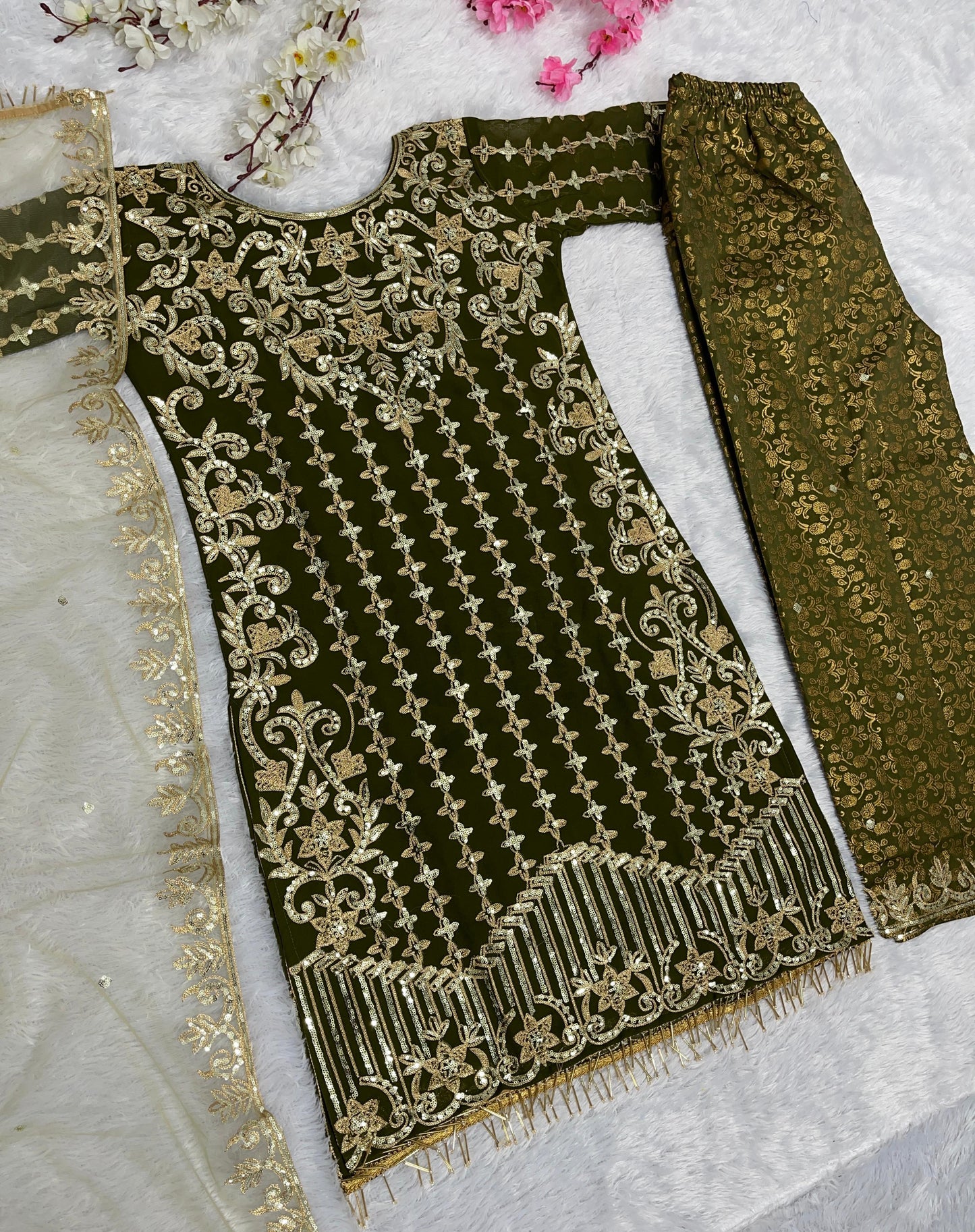 Party Wear Mahendi Green Color Heavy Faux Georgette With Embroidery Sequences Work Designer Palazzo Suit