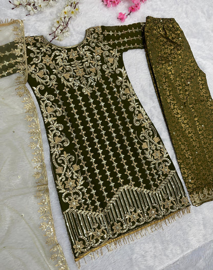 Party Wear Mahendi Green Color Heavy Faux Georgette With Embroidery Sequences Work Designer Palazzo Suit
