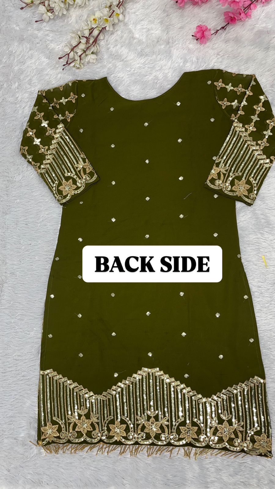 Party Wear Mahendi Green Color Heavy Faux Georgette With Embroidery Sequences Work Designer Palazzo Suit