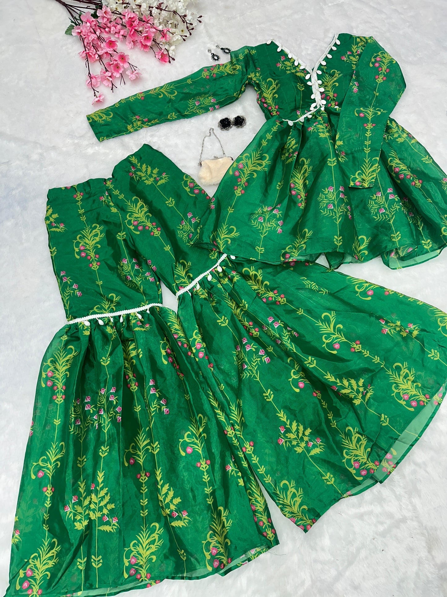 Classic Green Color Digital Printed Jimmy Organza Kurta With Kodi Work Designer Sharara Suit