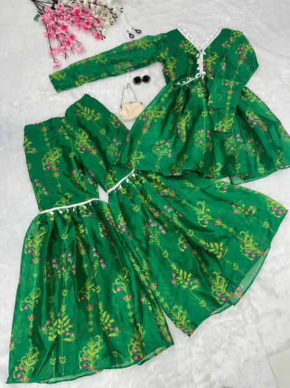 Classic Green Color Digital Printed Jimmy Organza Kurta With Kodi Work Designer Sharara Suit