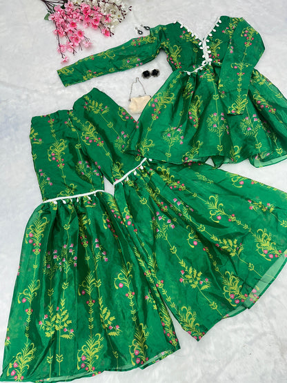 Classic Green Color Digital Printed Jimmy Organza Kurta With Kodi Work Designer Sharara Suit