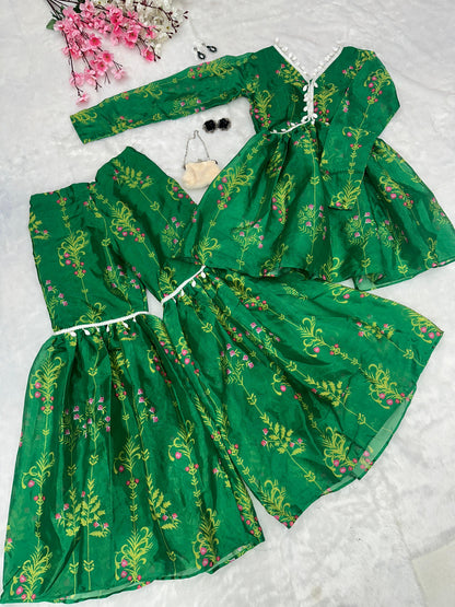 Classic Green Color Digital Printed Jimmy Organza Kurta With Kodi Work Designer Sharara Suit