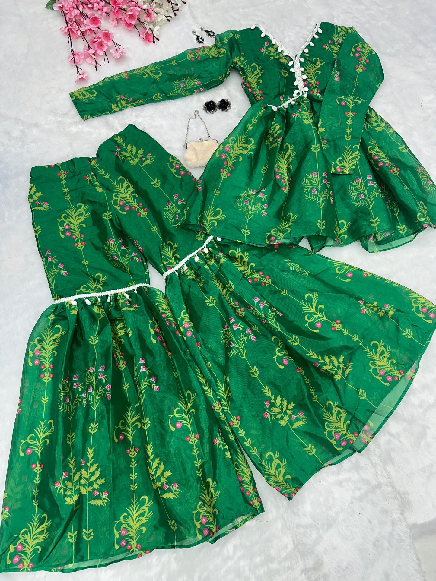 Classic Green Color Digital Printed Jimmy Organza Kurta With Kodi Work Designer Sharara Suit