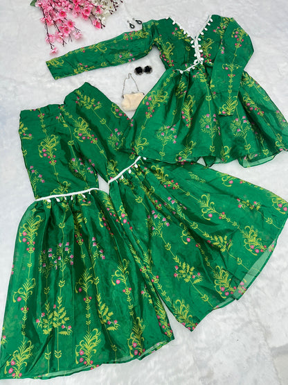 Classic Green Color Digital Printed Jimmy Organza Kurta With Kodi Work Designer Sharara Suit