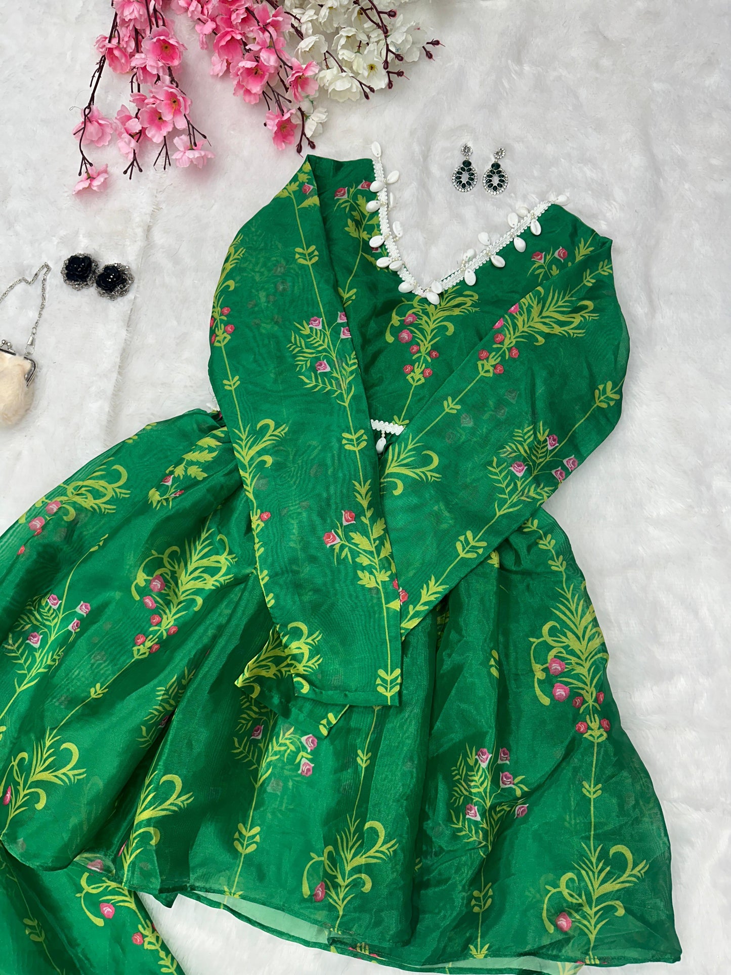 Classic Green Color Digital Printed Jimmy Organza Kurta With Kodi Work Designer Sharara Suit