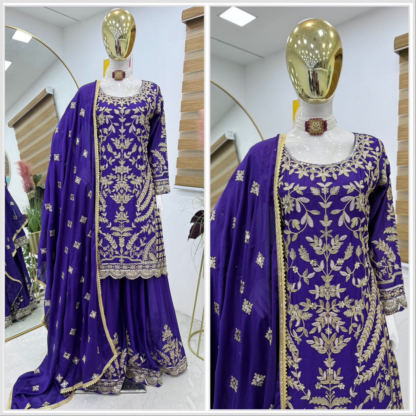 Marriage Special Blue Color Chinon Silk And Embroidery Codding Sequence With Work Designer Sharara Suit