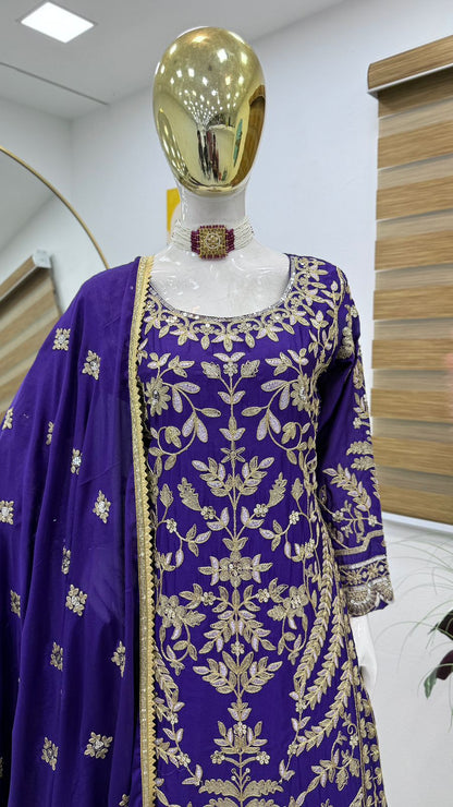 Marriage Special Blue Color Chinon Silk And Embroidery Codding Sequence With Work Designer Sharara Suit