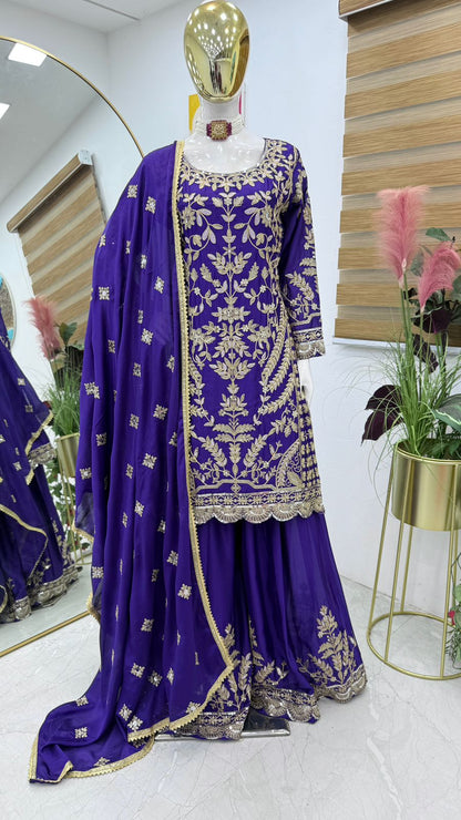 Marriage Special Blue Color Chinon Silk And Embroidery Codding Sequence With Work Designer Sharara Suit