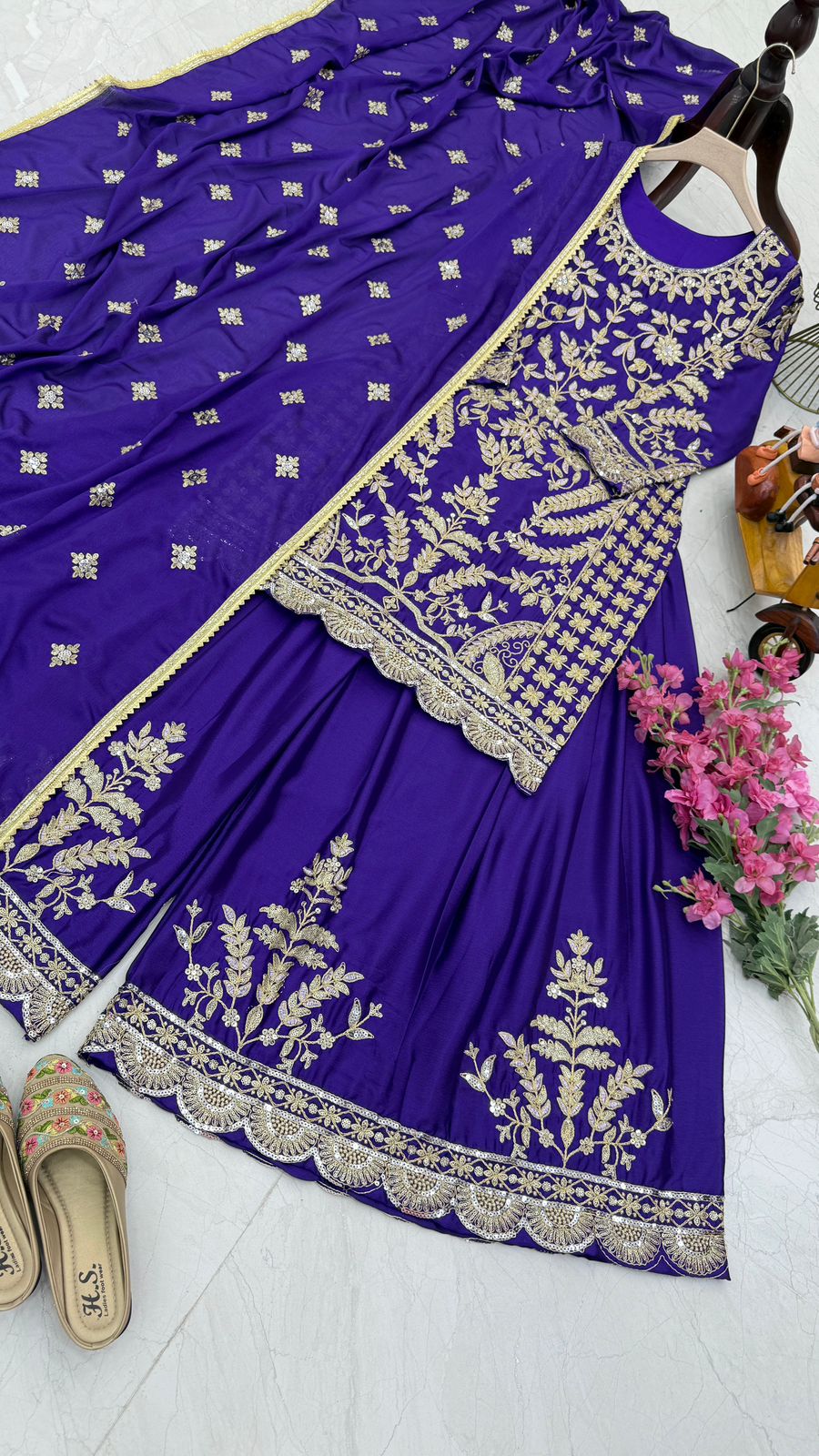 Marriage Special Blue Color Chinon Silk And Embroidery Codding Sequence With Work Designer Sharara Suit