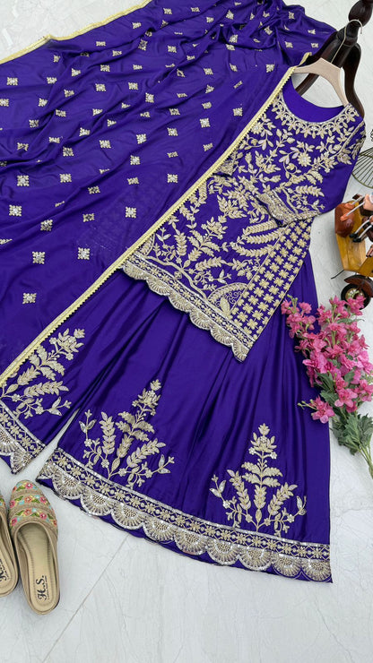 Marriage Special Blue Color Chinon Silk And Embroidery Codding Sequence With Work Designer Sharara Suit