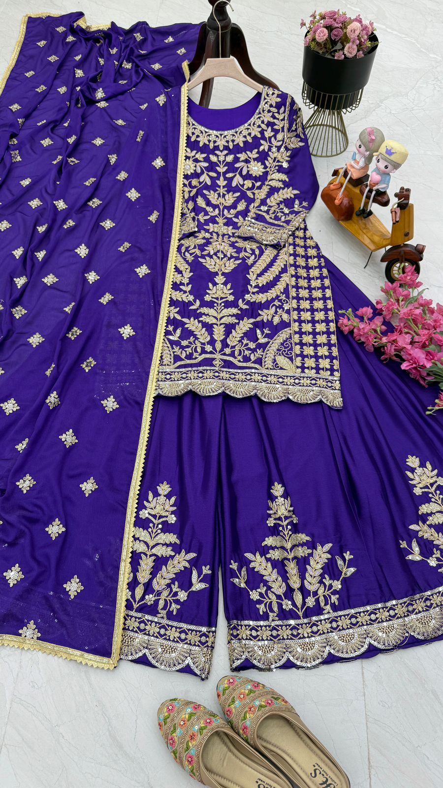 Marriage Special Blue Color Chinon Silk And Embroidery Codding Sequence With Work Designer Sharara Suit