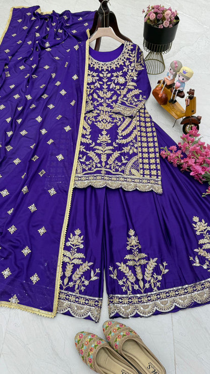 Marriage Special Blue Color Chinon Silk And Embroidery Codding Sequence With Work Designer Sharara Suit