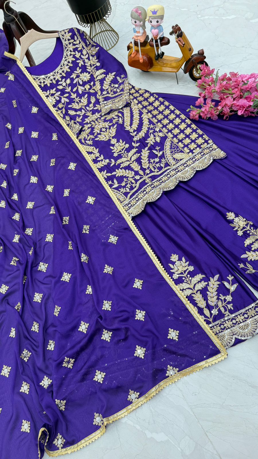 Marriage Special Blue Color Chinon Silk And Embroidery Codding Sequence With Work Designer Sharara Suit