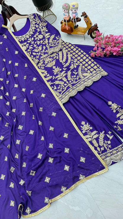 Marriage Special Blue Color Chinon Silk And Embroidery Codding Sequence With Work Designer Sharara Suit