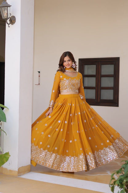 Haldi Wear Mustard Color Heavy Faux Georgette Embroidery 7mm Sequence Work Designer Lehenga Choli
