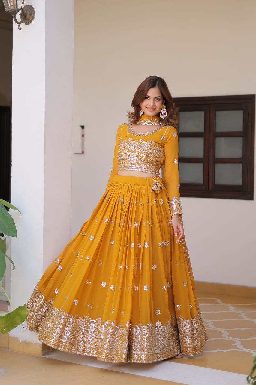 Haldi Wear Mustard Color Heavy Faux Georgette Embroidery 7mm Sequence Work Designer Lehenga Choli
