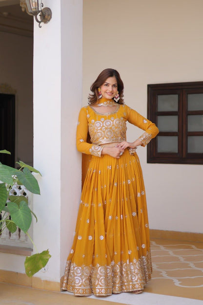 Haldi Wear Mustard Color Heavy Faux Georgette Embroidery 7mm Sequence Work Designer Lehenga Choli