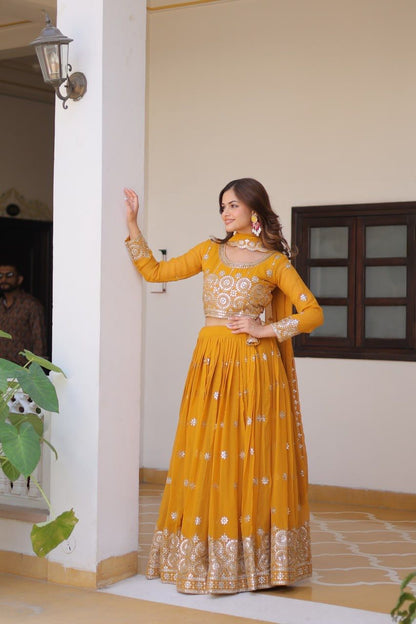 Haldi Wear Mustard Color Heavy Faux Georgette Embroidery 7mm Sequence Work Designer Lehenga Choli