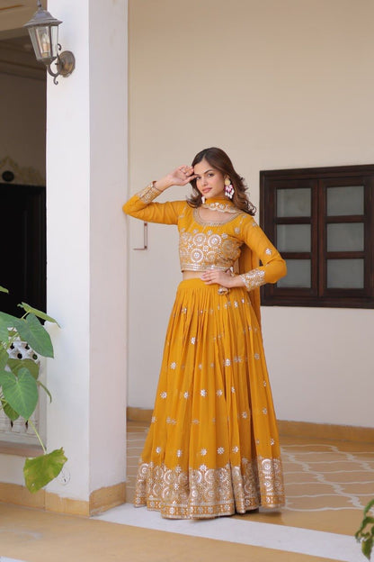 Haldi Wear Mustard Color Heavy Faux Georgette Embroidery 7mm Sequence Work Designer Lehenga Choli