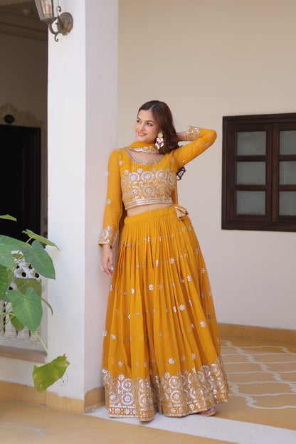 Haldi Wear Mustard Color Heavy Faux Georgette Embroidery 7mm Sequence Work Designer Lehenga Choli