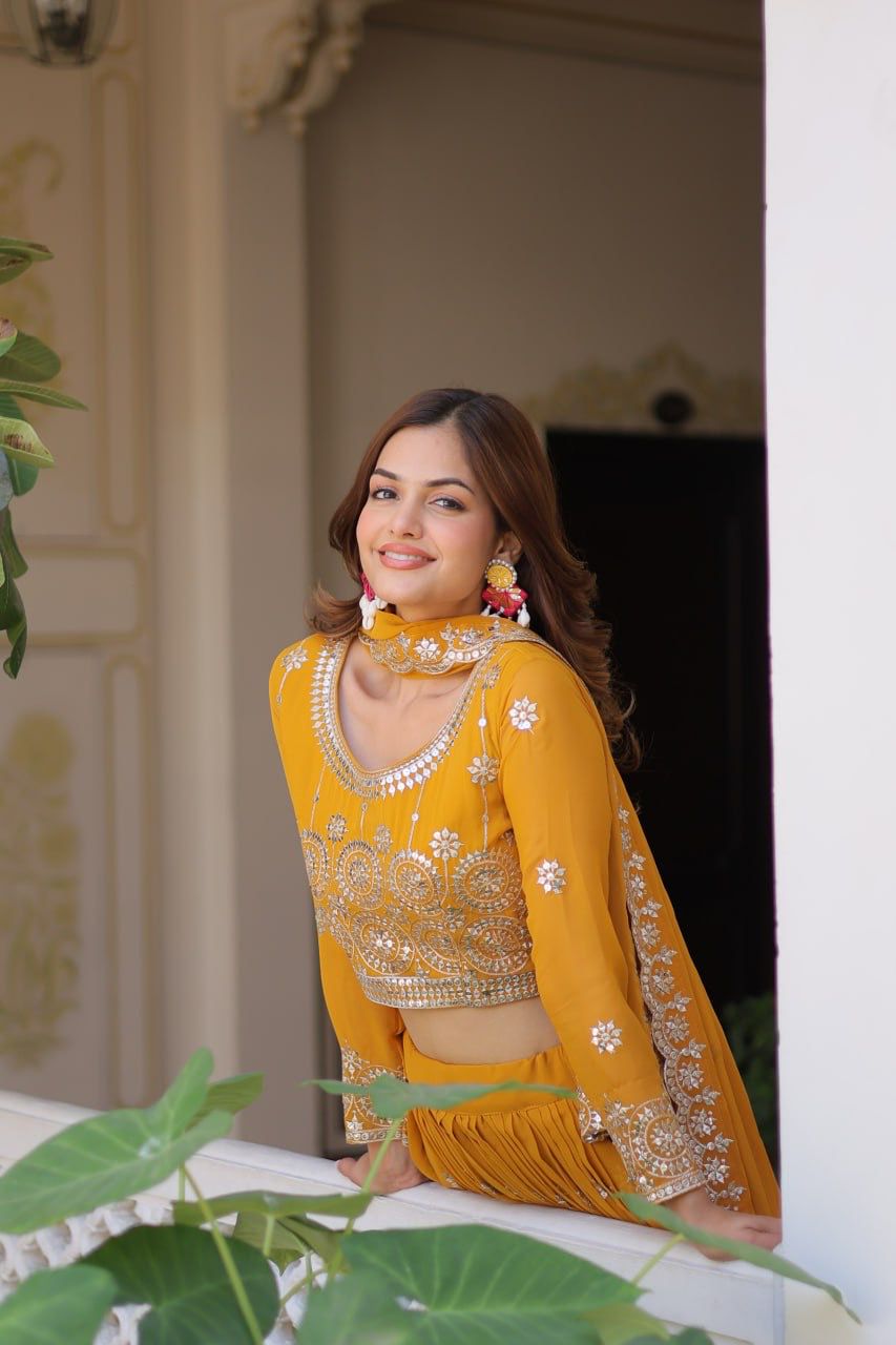 Haldi Wear Mustard Color Heavy Faux Georgette Embroidery 7mm Sequence Work Designer Lehenga Choli