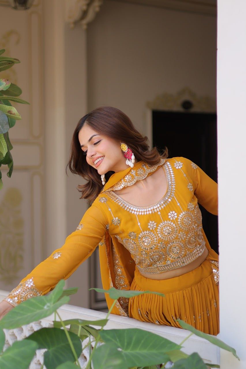 Haldi Wear Mustard Color Heavy Faux Georgette Embroidery 7mm Sequence Work Designer Lehenga Choli