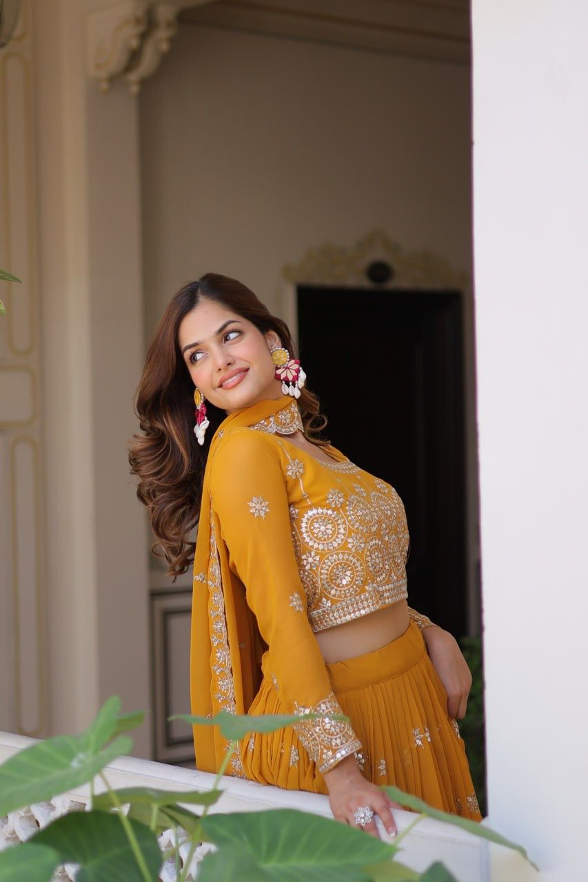 Haldi Wear Mustard Color Heavy Faux Georgette Embroidery 7mm Sequence Work Designer Lehenga Choli