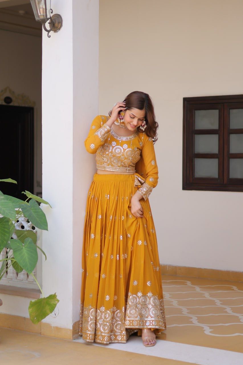 Haldi Wear Mustard Color Heavy Faux Georgette Embroidery 7mm Sequence Work Designer Lehenga Choli