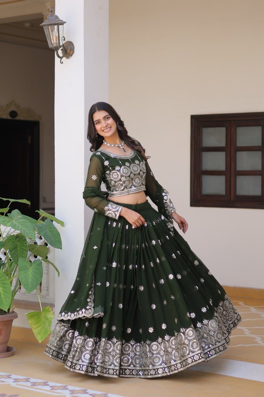 Marriage Function Wear Mahendi Green Color Heavy Faux Georgette Embroidery 7mm Sequence Work Designer Lehenga Choli