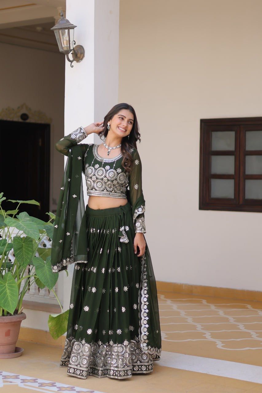 Marriage Function Wear Mahendi Green Color Heavy Faux Georgette Embroidery 7mm Sequence Work Designer Lehenga Choli