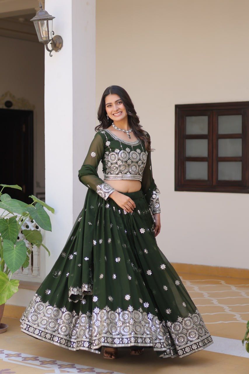 Marriage Function Wear Mahendi Green Color Heavy Faux Georgette Embroidery 7mm Sequence Work Designer Lehenga Choli