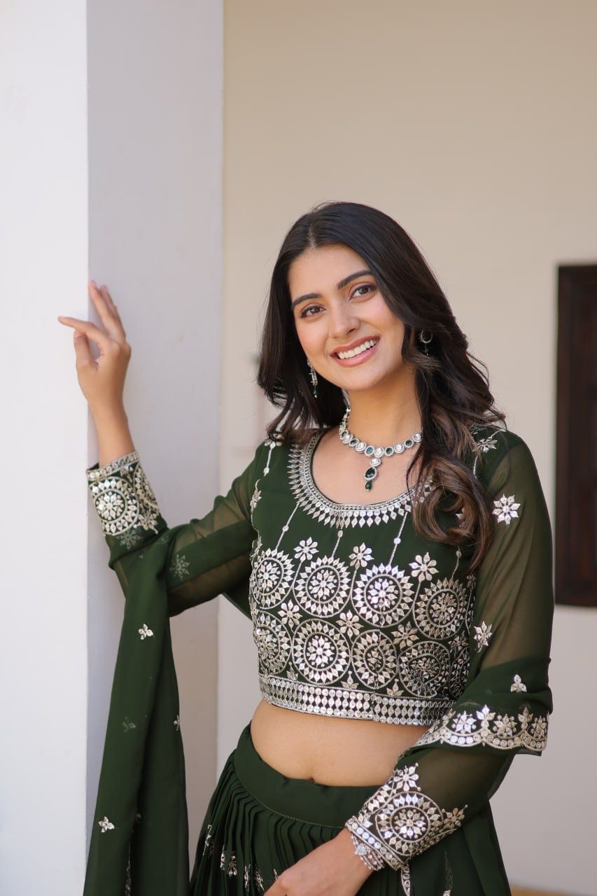Marriage Function Wear Mahendi Green Color Heavy Faux Georgette Embroidery 7mm Sequence Work Designer Lehenga Choli