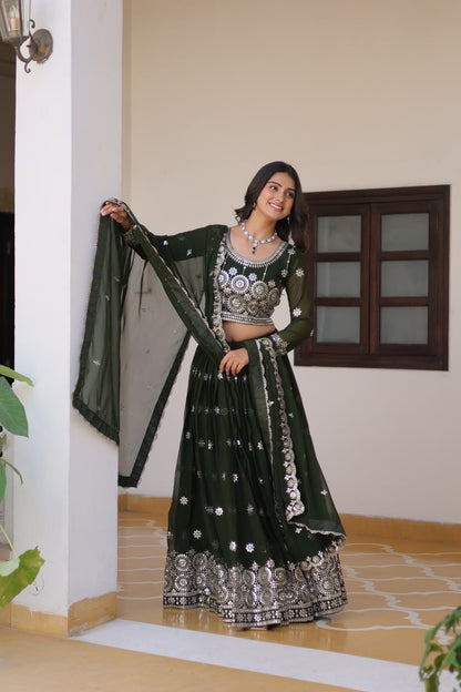 Marriage Function Wear Mahendi Green Color Heavy Faux Georgette Embroidery 7mm Sequence Work Designer Lehenga Choli