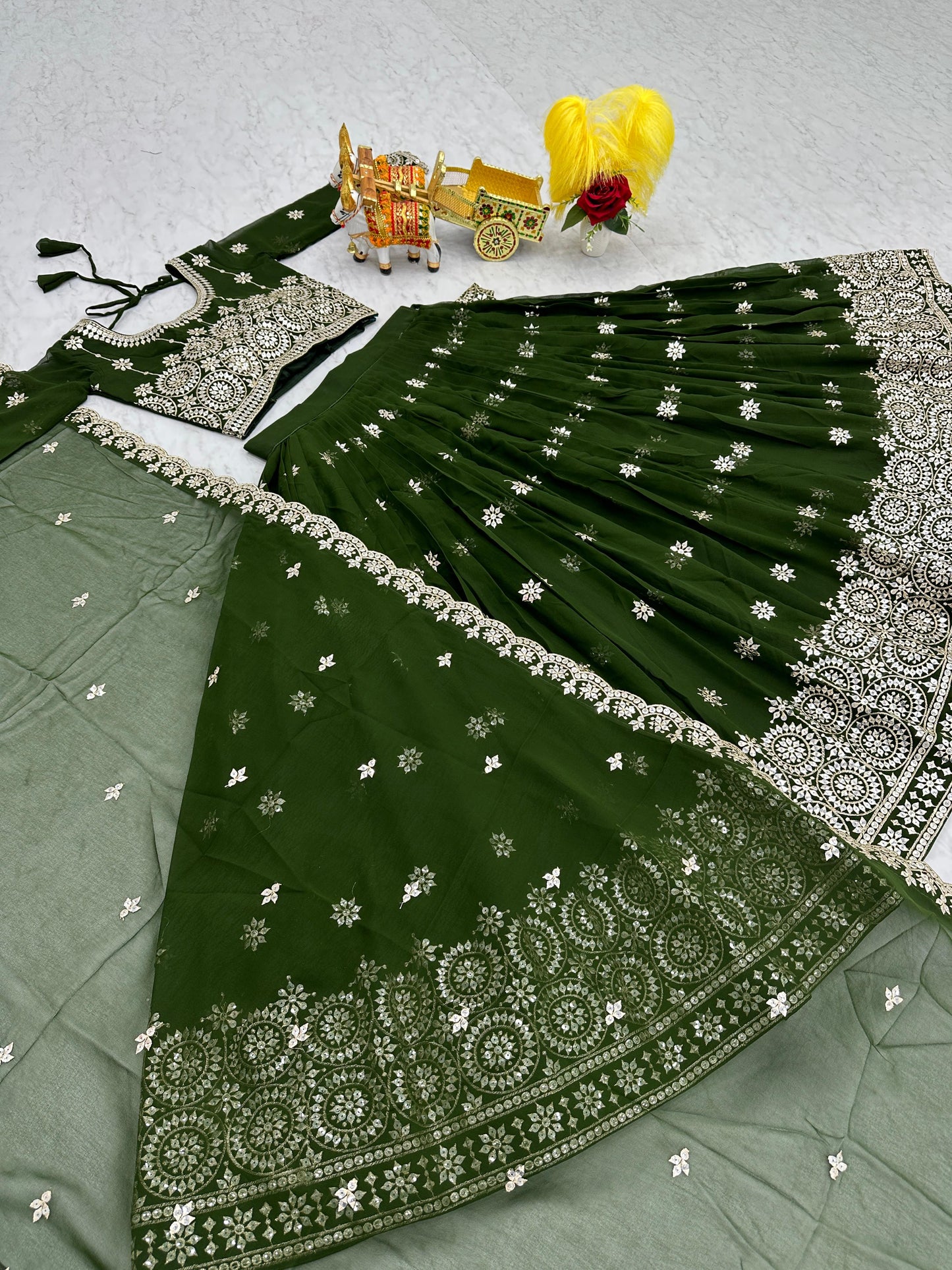 Marriage Function Wear Mahendi Green Color Heavy Faux Georgette Embroidery 7mm Sequence Work Designer Lehenga Choli
