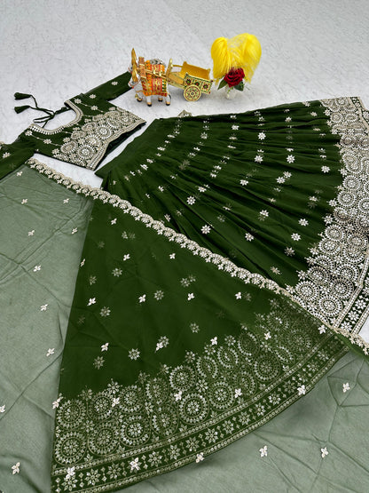 Marriage Function Wear Mahendi Green Color Heavy Faux Georgette Embroidery 7mm Sequence Work Designer Lehenga Choli