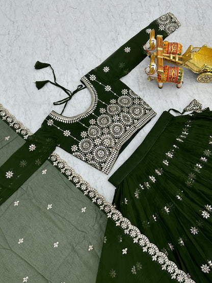 Marriage Function Wear Mahendi Green Color Heavy Faux Georgette Embroidery 7mm Sequence Work Designer Lehenga Choli