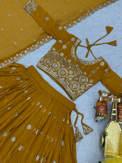 Haldi Wear Mustard Color Heavy Faux Georgette Embroidery 7mm Sequence Work Designer Lehenga Choli