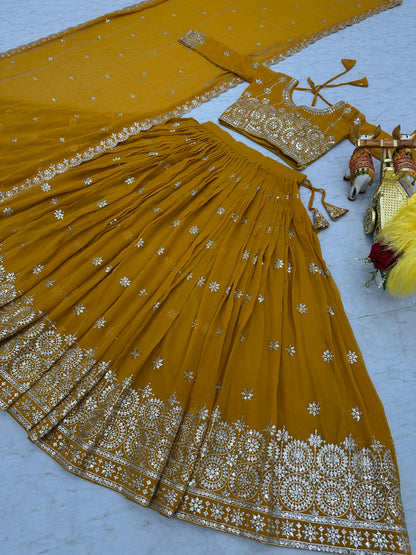 Haldi Wear Mustard Color Heavy Faux Georgette Embroidery 7mm Sequence Work Designer Lehenga Choli