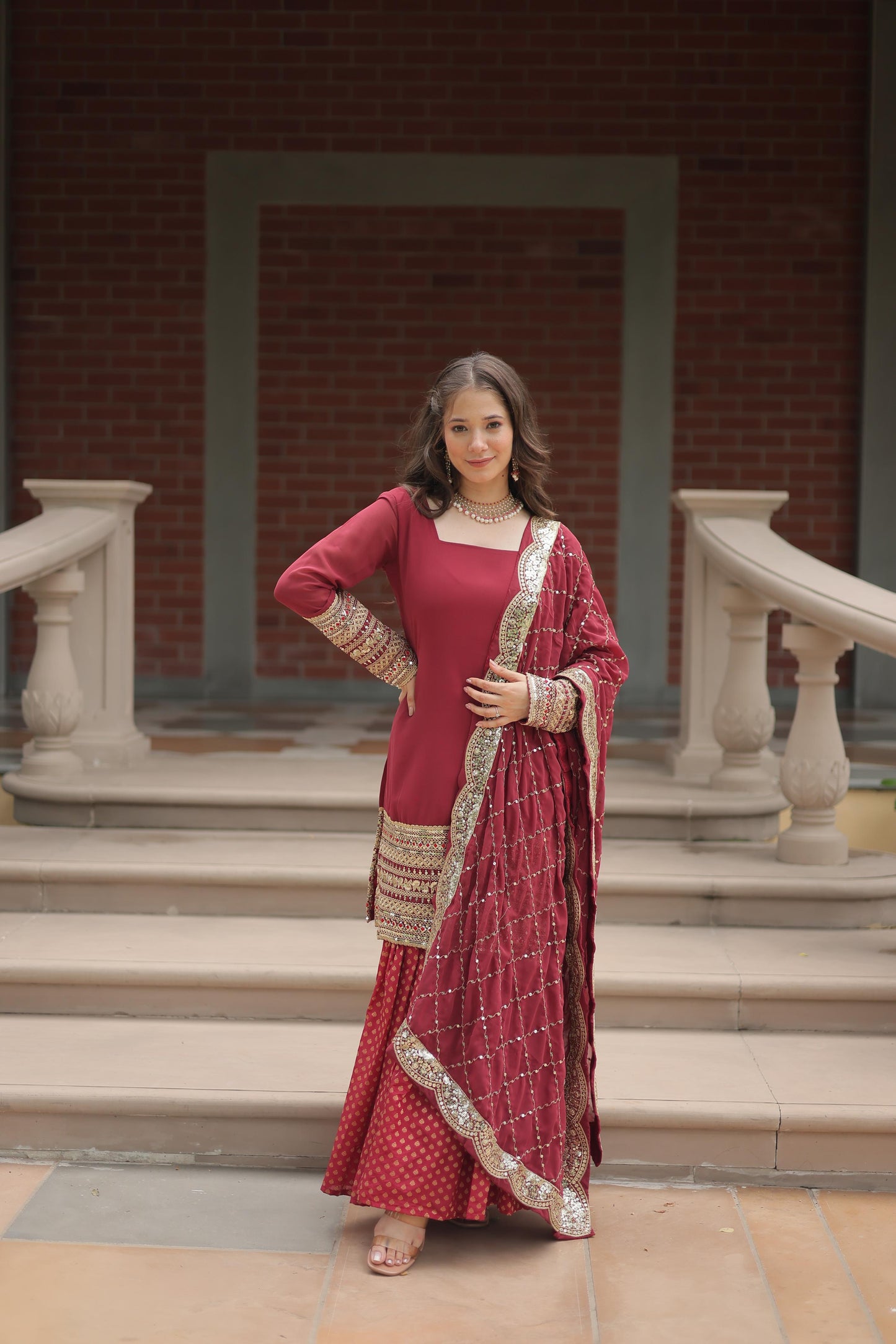 Wedding Wear Maroon Color Faux Georgette With Sequins And Thread Embroidered Work Sharara Suit