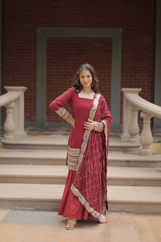 Wedding Wear Maroon Color Faux Georgette With Sequins And Thread Embroidered Work Sharara Suit