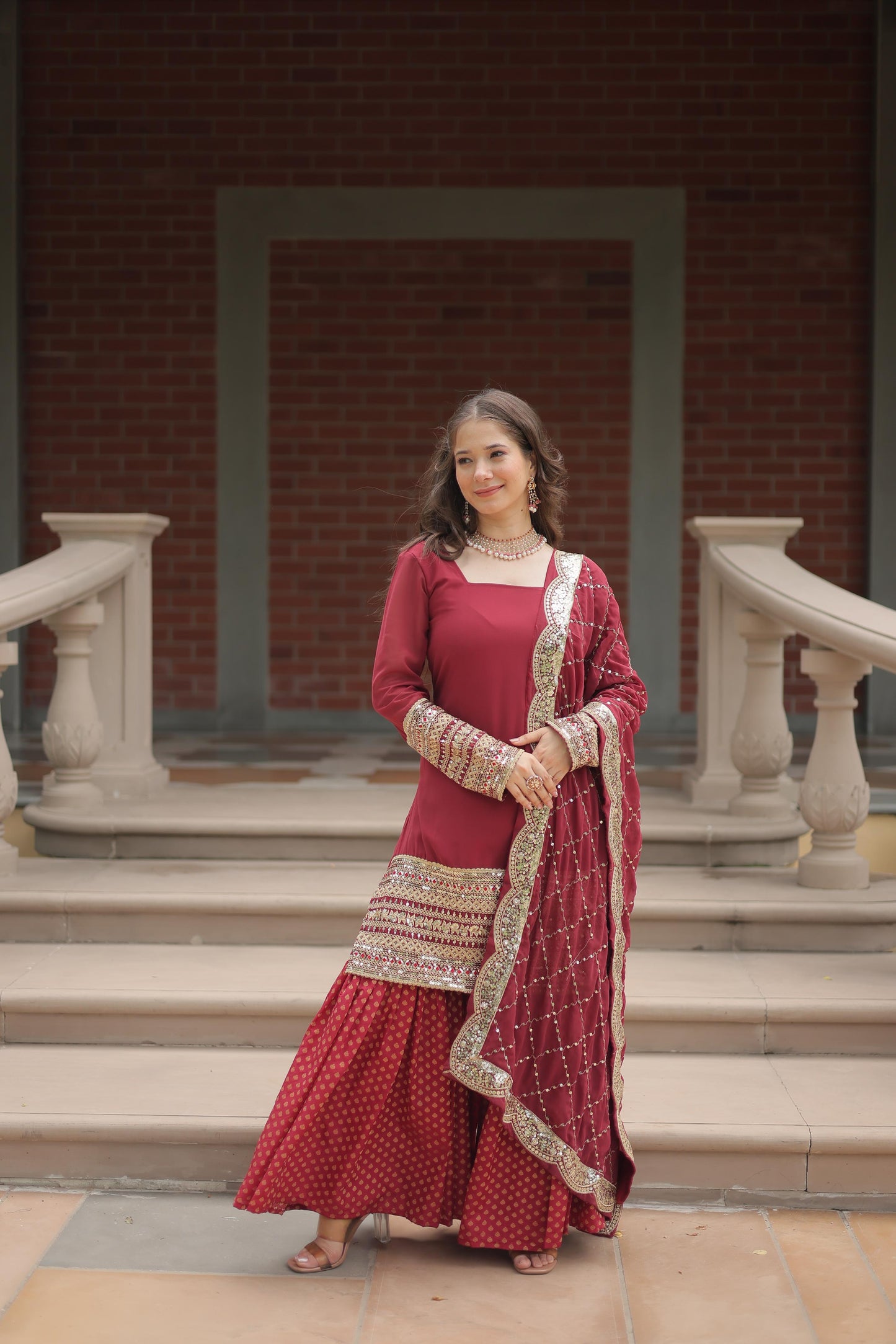 Wedding Wear Maroon Color Faux Georgette With Sequins And Thread Embroidered Work Sharara Suit