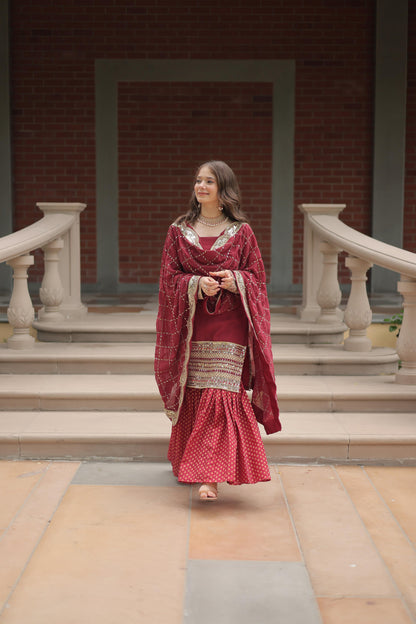 Wedding Wear Maroon Color Faux Georgette With Sequins And Thread Embroidered Work Sharara Suit