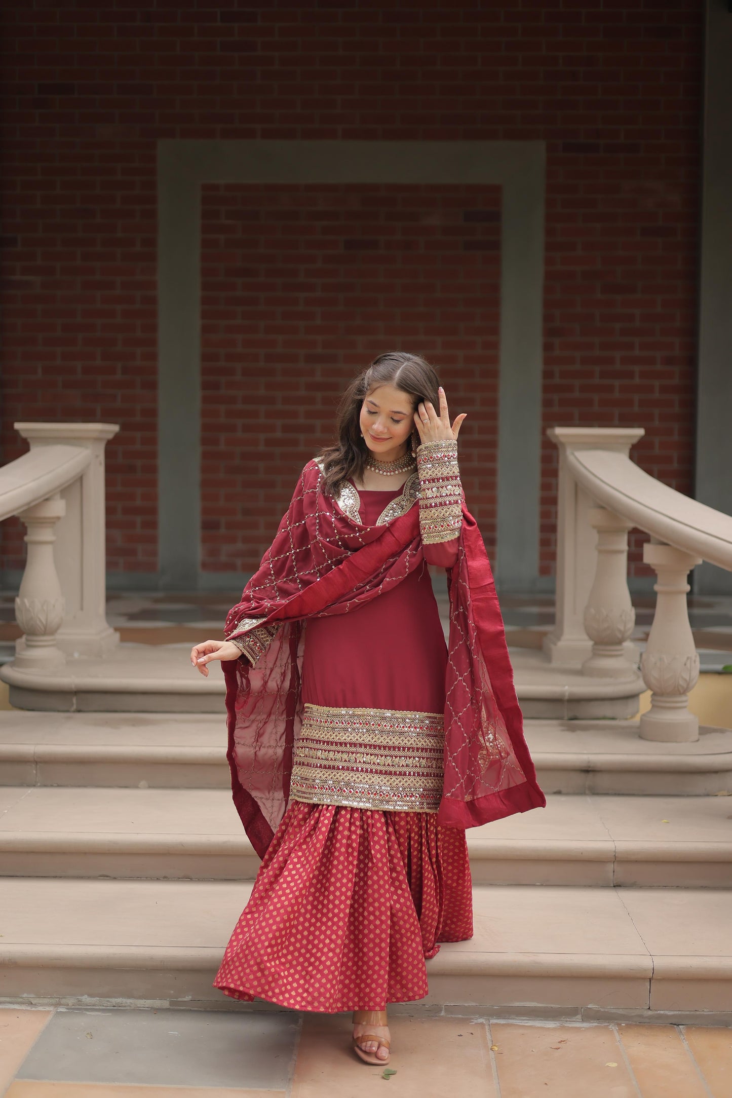 Wedding Wear Maroon Color Faux Georgette With Sequins And Thread Embroidered Work Sharara Suit