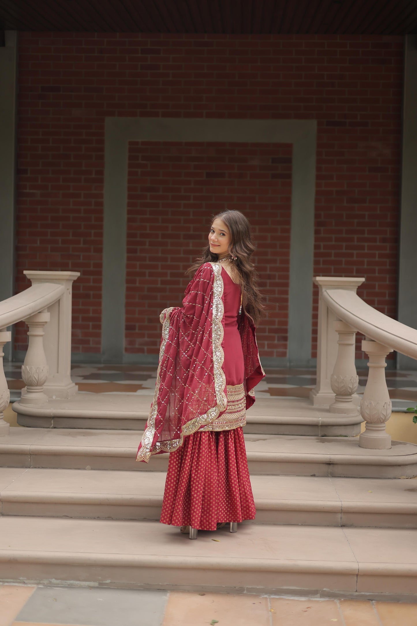 Wedding Wear Maroon Color Faux Georgette With Sequins And Thread Embroidered Work Sharara Suit